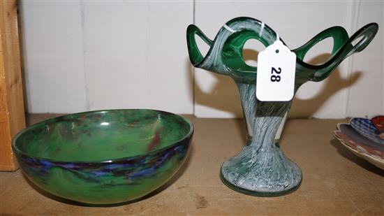 Art Glass green & white cased trumpet vase with pierced rim and a mottled green/blue glass bowl
